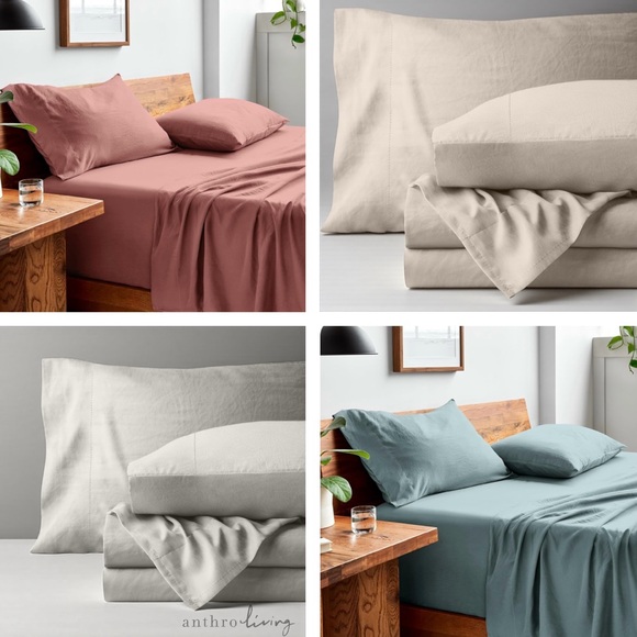 NEW Anthro Various Colors 100% Washed Cotton 4-Piece Sheet Bedding Sheets Set - Picture 1 of 10